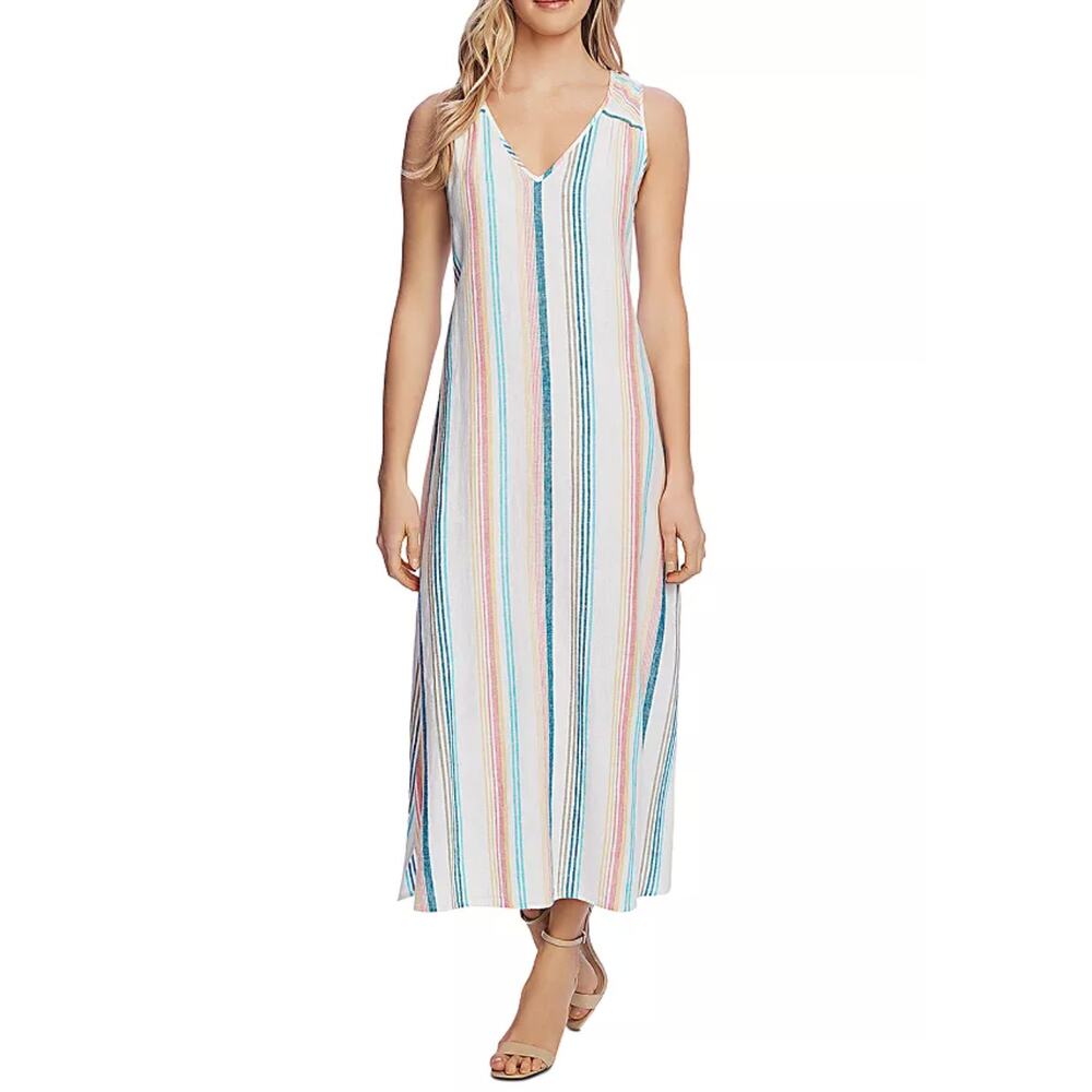 Vince Camuto Stripe Sleeveless Linen Blend Maxi Dress Ocean Wave  XS